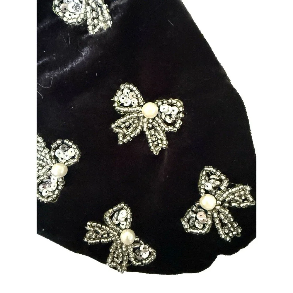 Artisan de Luxe Christmas Stocking Black Velvet Bow Pearls Beads Sequins 22